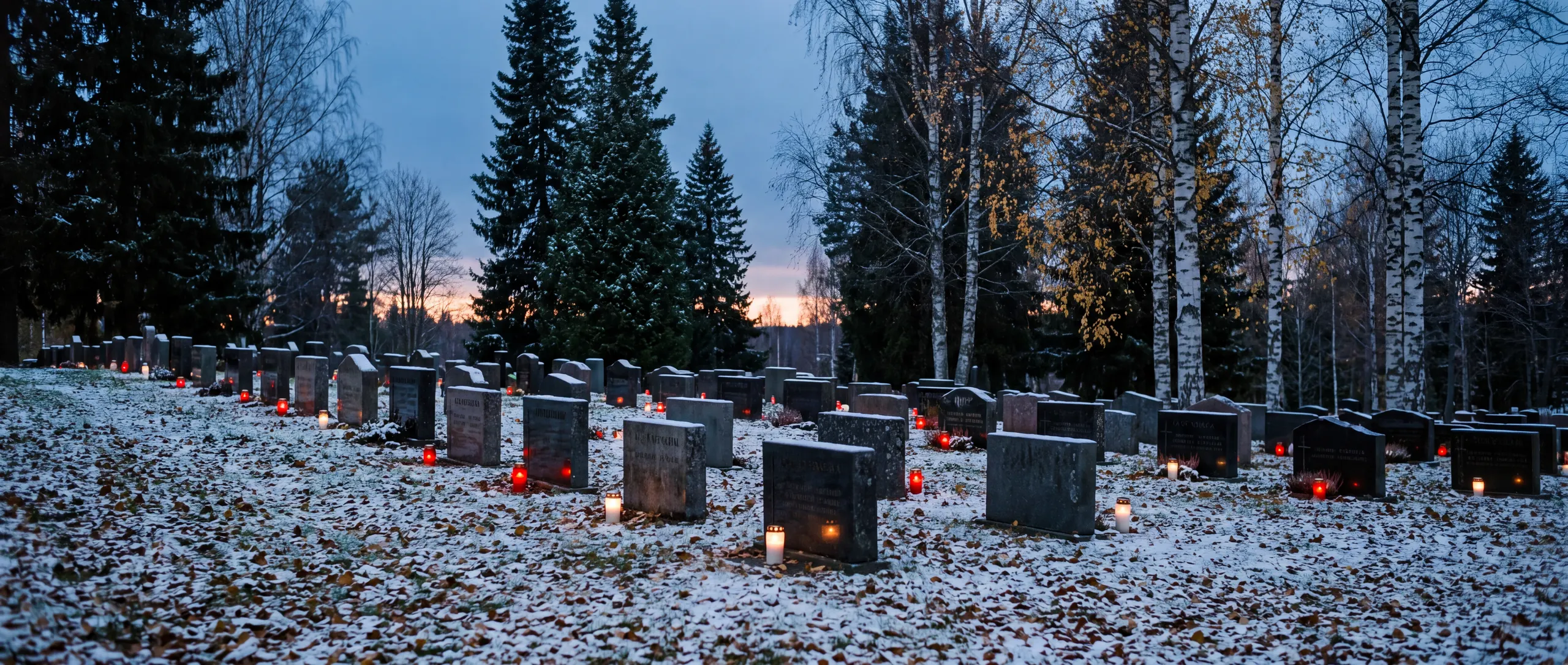 Uurnan lasku: suomalainen hautausmaa syysiltana, kynttilälyhdyt ja ensilumi