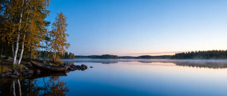 Tyyni järvi ja koivuranta syysillan sinisellä hetkellä